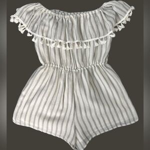 Altar’d State Off-Shoulder Striped Tassel Romper
